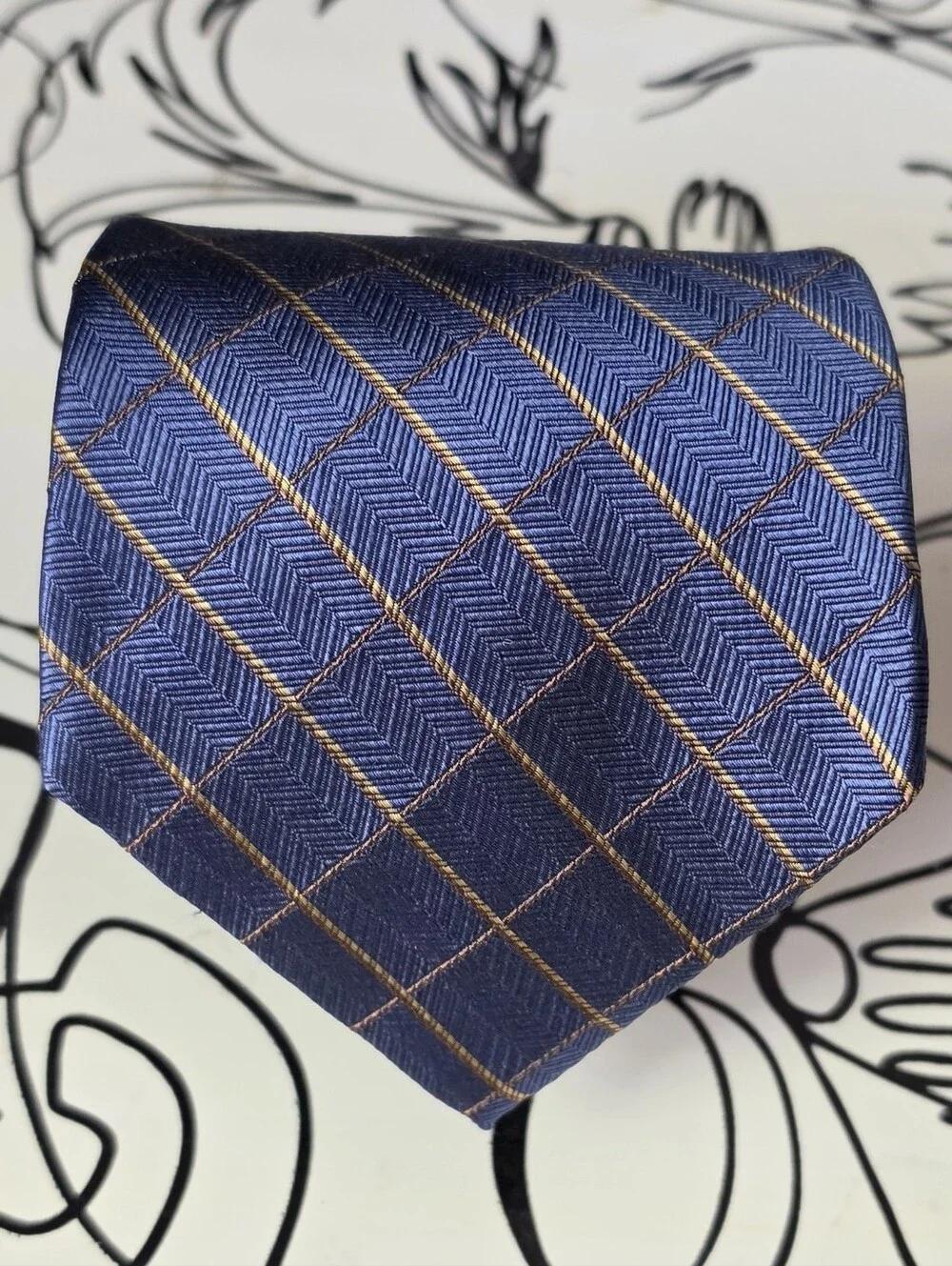 Joseph Abboud Tie Silk Men's Blue Herringbone Grid Plaid Geometric Italy 61